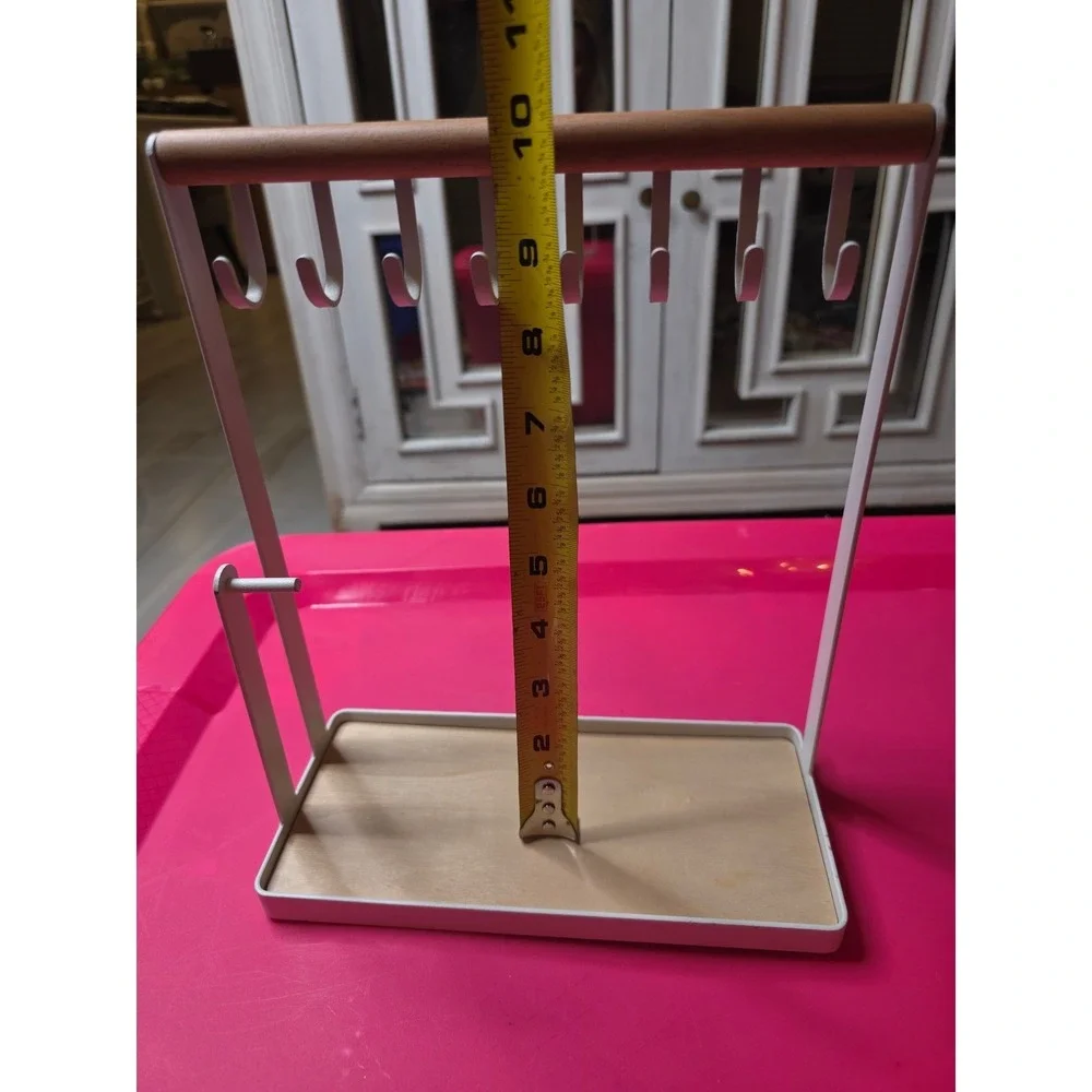 Modern White Metal and Wood Jewelry Stand Organizer‎ with 8 Hooks and Tray